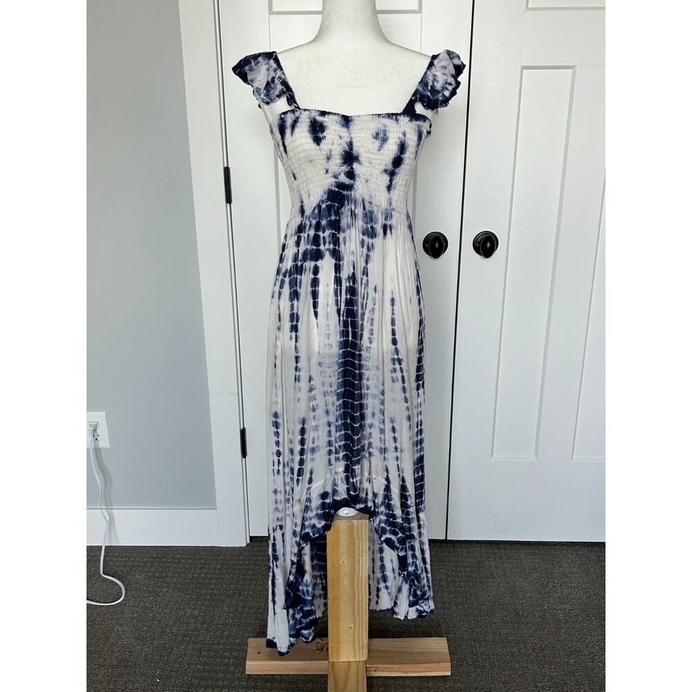 AVIYA Tie-Dye Blue and White Dress, Smocked Bodice, Flounce Sleeves, size M.